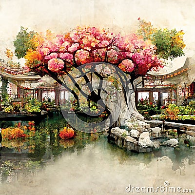 Printable digital art of oriental autumn garden with beautiful colorful trees and a pond Stock Photo