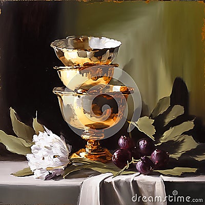 Printable digital oil painting of still life with golden cups and peonies, vintage style Stock Photo