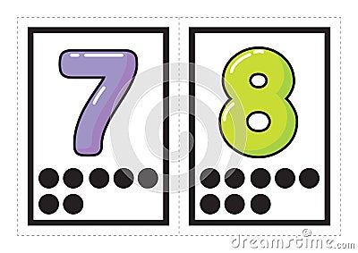 Printable flash card collection for numbers with the corresponding number of dots arranged in groups for preschool / kindergarten Vector Illustration