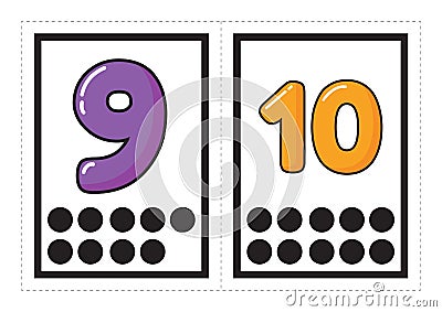 Printable flash card collection for numbers with the corresponding number of dots arranged in groups for preschool / kindergarten Vector Illustration