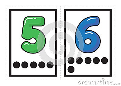 Printable flash card collection for numbers with the corresponding number of dots arranged in groups for preschool / kindergarten Vector Illustration