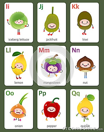 Printable flashcard English alphabet from I to Q with fruits and Vector Illustration