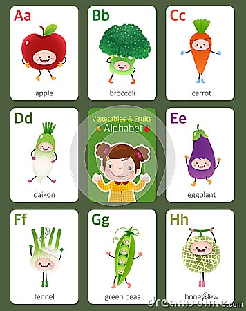 Printable flashcard English alphabet from A to H with fruits and Vector Illustration