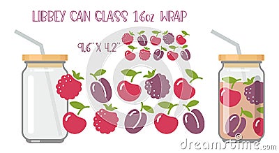 Printable Full wrap for libby class can. A pattern of berries. Raspberries, blackberries, cherries and plums Vector Illustration
