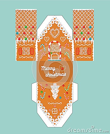 Printable gift gingerbread house with christmas glaze elements. Template for 3 d house. House 3 d Paper Craft. Vector Illustration