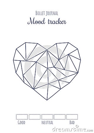 Printable mood tracker with simple polygonal heart. Bullet journal ready to print page template. Vector Illustration