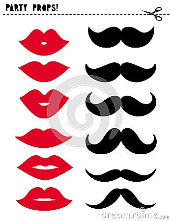 Printable Photo Booth Vector Props Set. Red Lips and Black Moustache. DIY. Vector Illustration