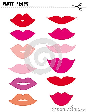 Printable Photo Booth Vector Props Set. Various Shapes and Colors Lips. DIY. Vector Illustration