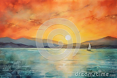 Printable seascape. Sailing boat on the sea in the sunset. Watercolor painting. Generative AI Stock Photo