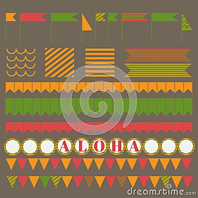 Printable set of hawaii party elements. Templates, labels, icons, flags and wraps Stock Photo