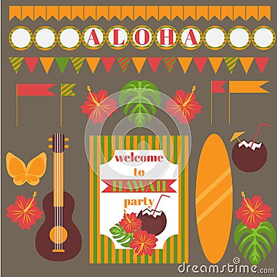 Printable set of hawaii party elements. Templates, labels, icons, flags and wraps Stock Photo