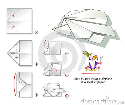 Printable template for kids with instructions for folding paper game Origami. How step by step make a plane of a sheet of paper. Vector Illustration