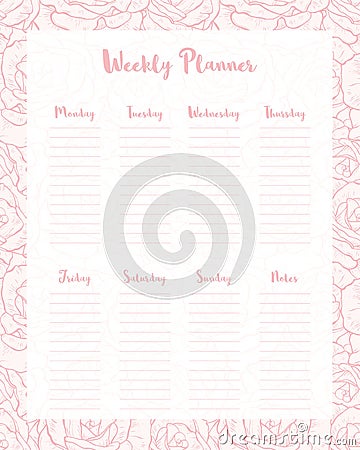 Weekly Planner. English Version. Elegant Pink Floral Motif. Vector Illustration