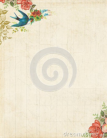 Printable vintage bird and roses stationary or background Stock Photo