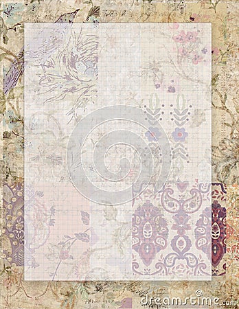Printable vintage grungy shabby chic style floral stationary on collaged vintage wallpaper background with space for text Stock Photo