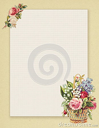 Printable vintage shabby chic style floral rose stationary on green paper background Stock Photo