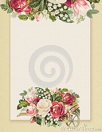 Printable vintage shabby chic style floral rose stationary on green paper background Stock Photo