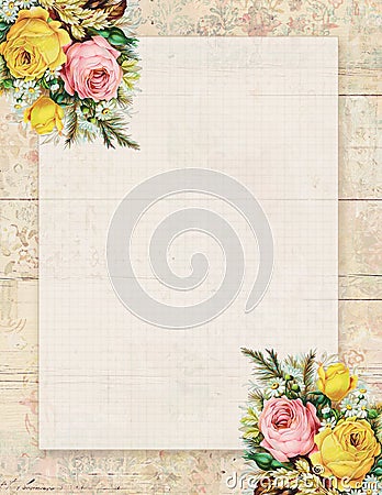 Printable vintage shabby chic style floral rose stationary on wood background Stock Photo