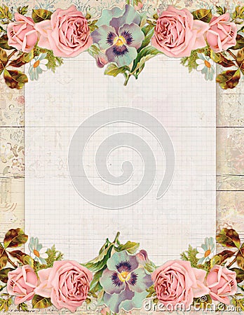 Printable vintage shabby chic style floral rose stationary on wood background Stock Photo