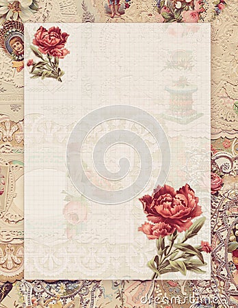 Printable vintage shabby chic style floral stationary on antique victorian collaged paper background Stock Photo
