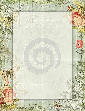 Printable vintage shabby chic style floral stationary with butterflies Stock Photo