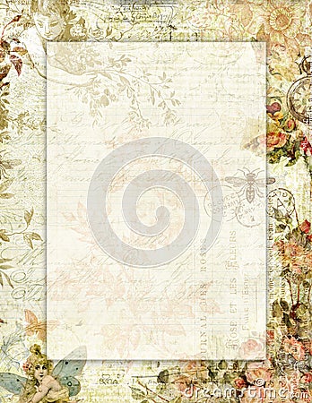 Printable vintage shabby chic style floral stationary with butterflies Stock Photo