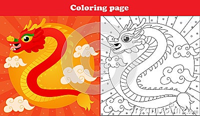 Printable worksheet with coloring page for kids with traditional chinese dragon in oriental style with clouds Vector Illustration