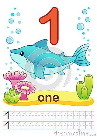 Printable worksheet for kindergarten and preschool. We train to write numbers. Mathe exercises. Bright figures on a marine backgro Vector Illustration