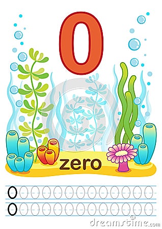Printable worksheet for kindergarten and preschool. We train to write numbers. Mathe exercises. Bright figures on a marine backgro Vector Illustration
