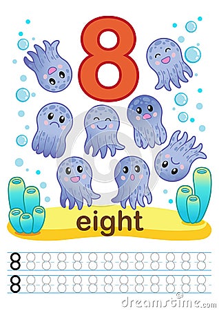 Printable worksheet for kindergarten and preschool. We train to write numbers. Mathe exercises. Bright figures on a marine backgro Vector Illustration