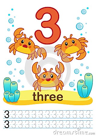 Printable worksheet for kindergarten and preschool. We train to write numbers. Mathe exercises. Bright figures on a marine backgro Vector Illustration