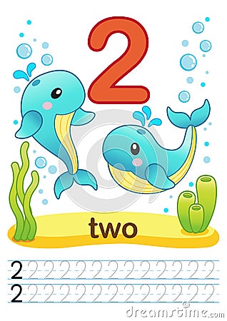 Printable worksheet for kindergarten and preschool. We train to write numbers. Mathe exercises. Bright figures on a marine backgro Vector Illustration