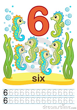 Printable worksheet for kindergarten and preschool. We train to write numbers. Mathe exercises. Bright figures on a marine backgro Vector Illustration