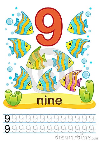 Printable worksheet for kindergarten and preschool. We train to write numbers. Mathe exercises. Bright figures on a marine backgro Vector Illustration