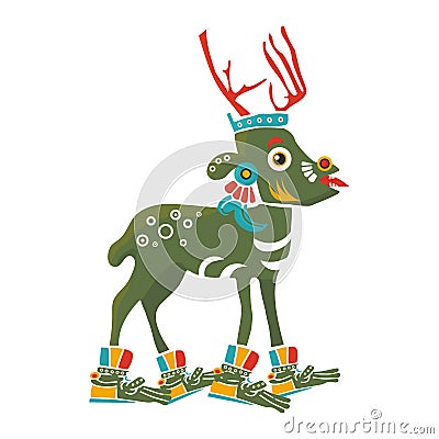 PrintAztec Codex Borbonicus art imitation vector illustration. Tribal native mexican american Aztec Deer isolated. Vector Illustration