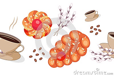 PrintEaster seamless border of sweet braided bread greek Tsureki, a cup of aromatic coffee and branches with blossomes Vector Illustration