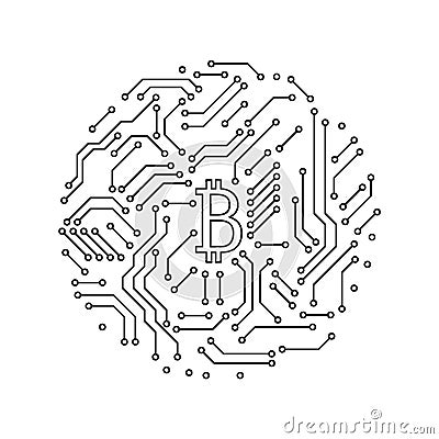 Printed circuit board black and white bitcoin round shape symbol computer technology, vector Vector Illustration