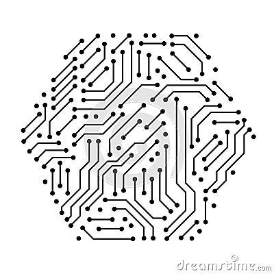 Printed circuit board black and white computer technology elements in a shape of a hex, vector Vector Illustration