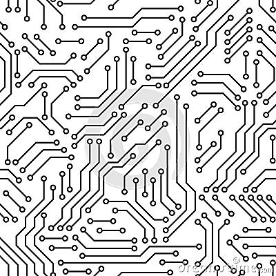 Printed circuit board black and white computer technology seamless pattern, vector Vector Illustration