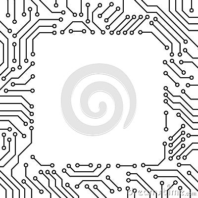 Printed circuit board black and white computer technology square frame template, vector Vector Illustration