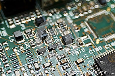 printed circuit Board with chips and radio components electronics Stock Photo