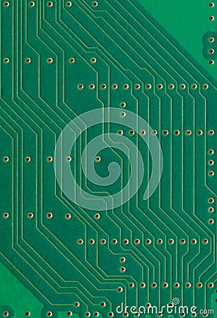 Printed circuit board, electronic components plate macro closeup background texture, green vertical textured pattern Stock Photo