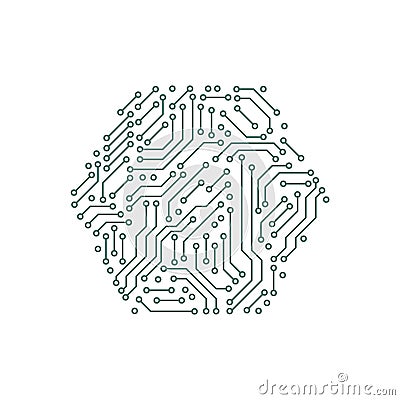 Printed circuit board green and white computer technology elements in a shape of a hex, vector Vector Illustration