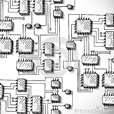 Printed circuit board, hand drawn. Vector Illustration