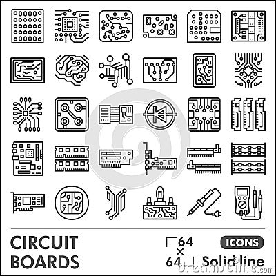 Printed circuit board line icon set, micro chip symbols collection or sketches. PCB solid line linear style signs for Vector Illustration