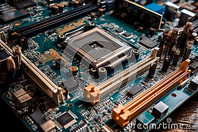 printed circuit board with processor. Generative AI. Stock Photo