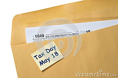 Tax Day reminder for May 18 due to Coronavirus delay on envelope Editorial Stock Photo