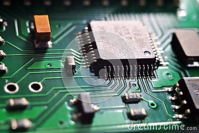 Printed programmable microcomputer with microcircuit, chip close up with selective focus macro Stock Photo
