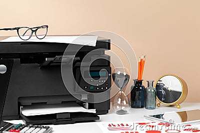 Printer, copier, scanner in office. Workplace. creative photo. Stock Photo