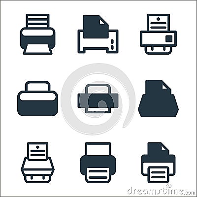 printer and fax line icons. linear set. quality vector line set such as inkjet, paper printer, printer, computer paper print tool Vector Illustration